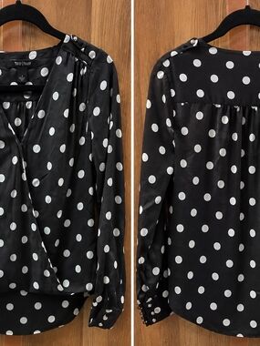White & Black and White Polka Dot Wrap-Front Blouse
